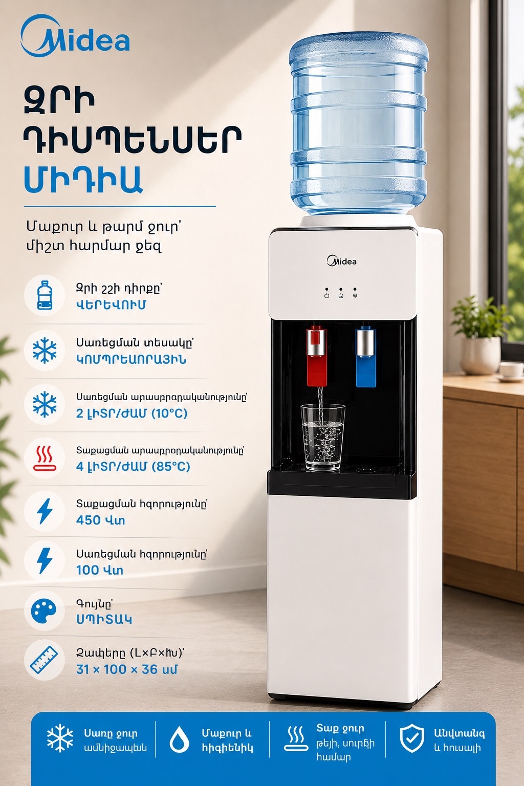 Ջրի դիսպենսեր/քուլեր (Диспенсер для воды) MIDEA YL1675S-W WHITE Megashopping